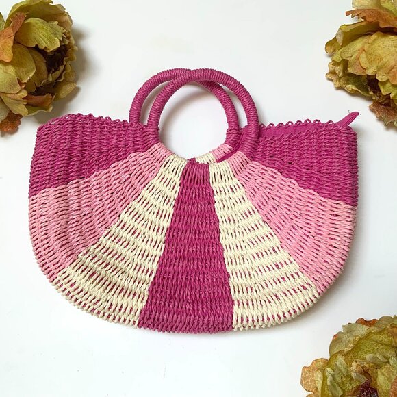 Kids Pink Striped Straw Bag, Little Girl Bag - Picture 2 of 5